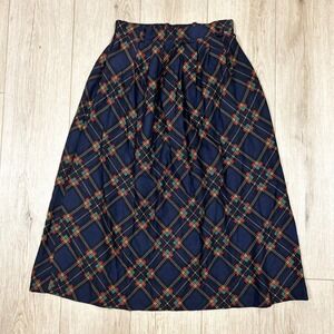 Worthington Vintage Navy Plaid Pleated Midi Skirt 8P Petite Rayon 714-2169